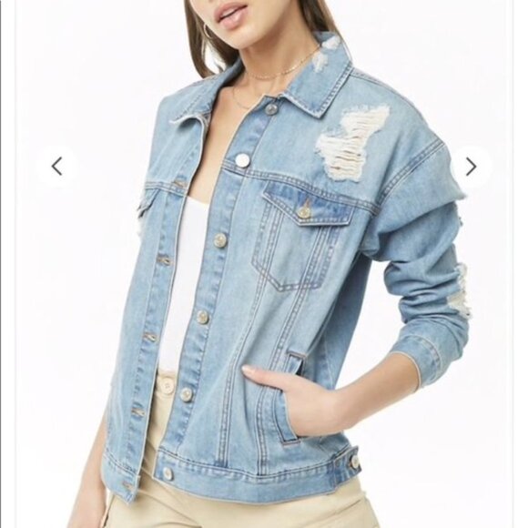 FOREVER 21 Distressed "Girl Squad" Los Angeles Denim Jacket M Light Wash Trucker - Picture 2 of 11